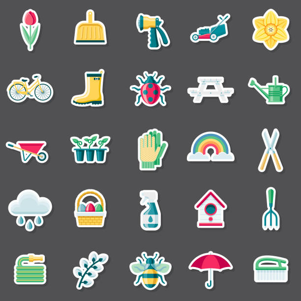 Springtime Sticker Set A set of flat design icons in a sticker type format. File is built in the CMYK color space for optimal printing. Color swatches are global so it’s easy to edit and change the colors. lawn mower clip art stock illustrations