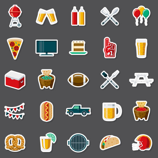 Tailgating Party Sticker Set A set of flat design icons in a sticker type format. File is built in the CMYK color space for optimal printing. Color swatches are global so it’s easy to edit and change the colors. fall picnic table stock illustrations