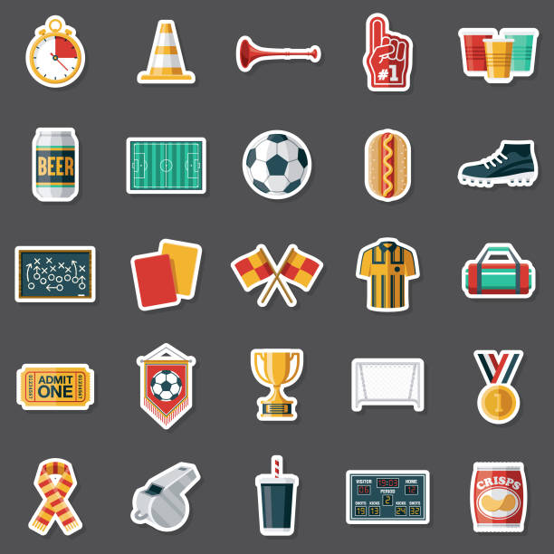 Football (Soccer) Sticker Set A set of flat design icons in a sticker type format. File is built in the CMYK color space for optimal printing. Color swatches are global so it’s easy to edit and change the colors. soccer clipart stock illustrations