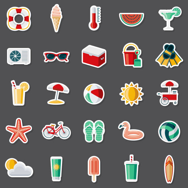 Summer Sticker Set A set of flat design icons in a sticker type format. File is built in the CMYK color space for optimal printing. Color swatches are global so it’s easy to edit and change the colors. sun clipart stock illustrations