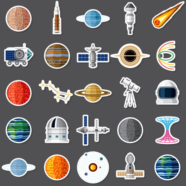 Space Sticker Set A set of flat design icons in a sticker type format. File is built in the CMYK color space for optimal printing. Color swatches are global so it’s easy to edit and change the colors. astronaut clipart stock illustrations