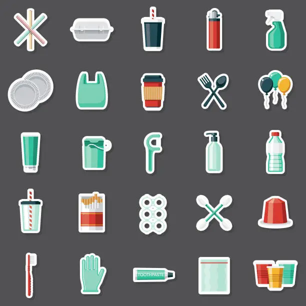 Vector illustration of Single Use Plastics Sticker Set