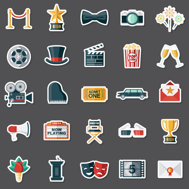 Movies Sticker Set A set of flat design icons in a sticker type format. File is built in the CMYK color space for optimal printing. Color swatches are global so it’s easy to edit and change the colors. theater industry illustrations stock illustrations
