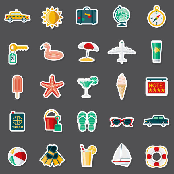 Travel and Vacations Sticker Set A set of flat design icons in a sticker type format. File is built in the CMYK color space for optimal printing. Color swatches are global so it’s easy to edit and change the colors. suitcase illustrations stock illustrations