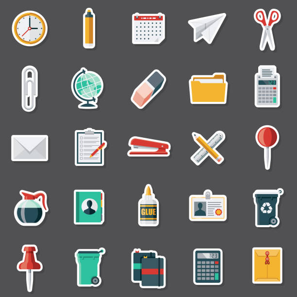 Office Supplies Sticker Set A set of flat design icons in a sticker type format. File is built in the CMYK color space for optimal printing. Color swatches are global so it’s easy to edit and change the colors. stapled paper stock illustrations