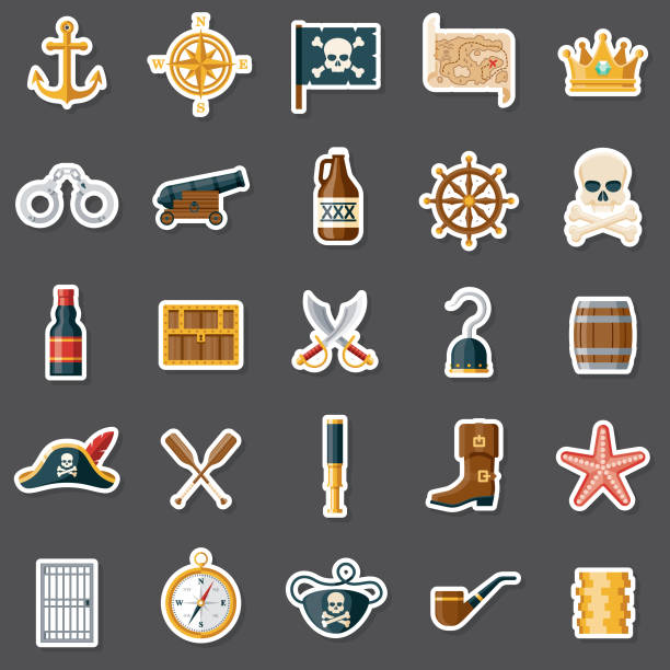 ilustraciones, imágenes clip art, dibujos animados e iconos de stock de conjunto de pegatinas piratas - golden handcuffs