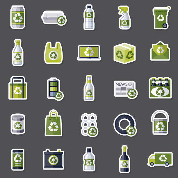 illustrazioni stock, clip art, cartoni animati e icone di tendenza di set di adesivi riciclabili - tire recycling recycling symbol transportation