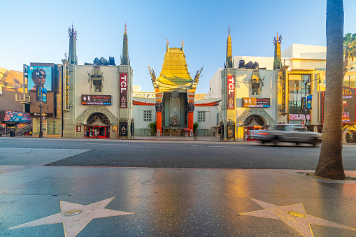 LOS ANGELES, USA - OCTOBER 19, 2019 : Grauman's Chinese Theater at Hollywood Boulevard district in Los Angeles, California, USA at sunrise.