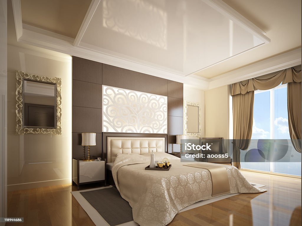 Bedroom Modern interior design of a bedroom. Apartment Stock Photo