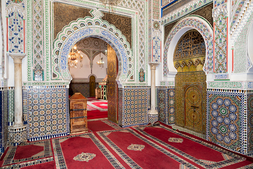 Interior of Al Quaraouiyine (or al-Qarawiyyin) Mosque and university in Fes, Morocco.
