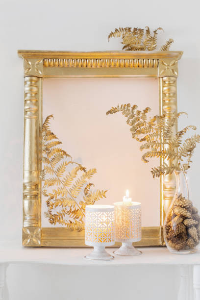 istock interior decor with burning candles on white wooden shelf 1189465348