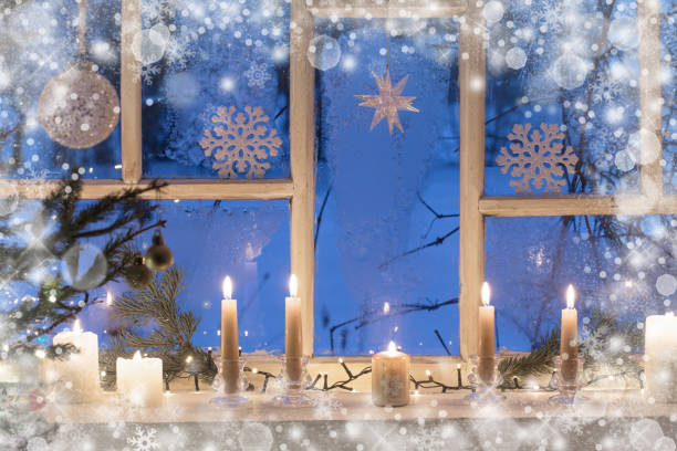 istock Christmas decorations on old wooden window 1189465353