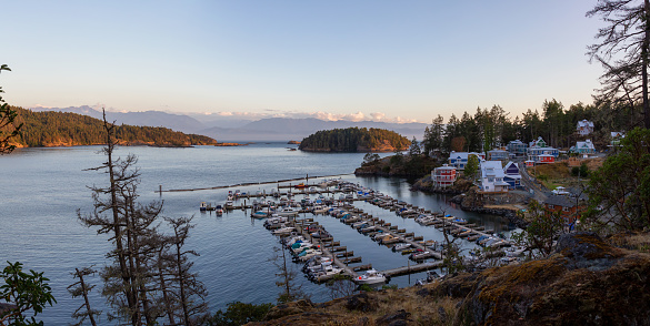 Sooke, Vancouver Island, British Columbia, Canada. Beautiful panoramic view of a residential neighborhood with marina during a summer sunset.