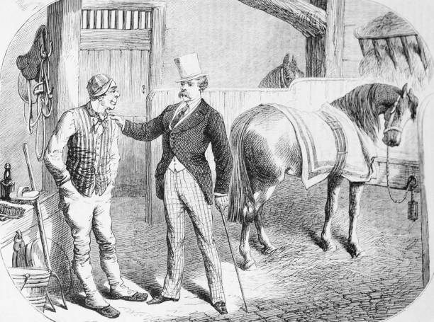 Black and White Engraving of gentlemen and jockey in stable with horse, circa 1875 Victorian illustration circa 1875.
gentleman in top hat and tails, talking to jockey in horse stable, with horses and farm equipment antique pitchfork stock illustrations