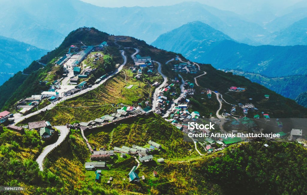 North Sikkim mountains. Beautiful roads and a little small town in mountains view Sikkim Stock Photo