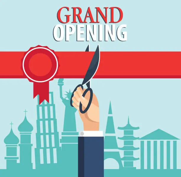 Vector illustration of Grand opening vector illustration. Businessman cutting red ribbon