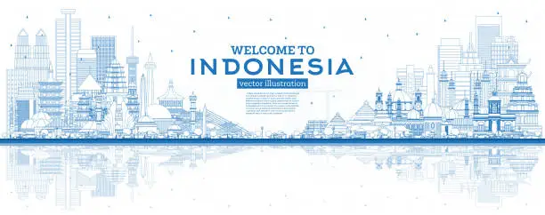 Vector illustration of Outline Welcome to Indonesia Skyline with Blue Buildings and Reflections.