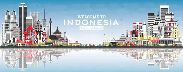 Vector illustration of Welcome to Indonesia Skyline with Gray Buildings, Blue Sky and Reflections.