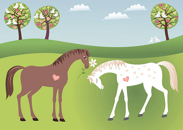 Horses in the loving countryside vector art illustration