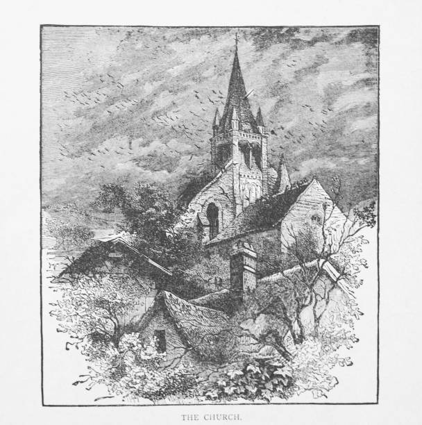 istock Victorian Black and White Illustration, circa 1884 Village Church in Winter 1189475852