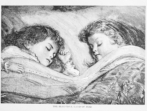 Victorian Black and White Illustration, circa 1884. Two little girls, sleeping peacefully together under a vintage duvet/comforter blanket. Serene and beautiful.
