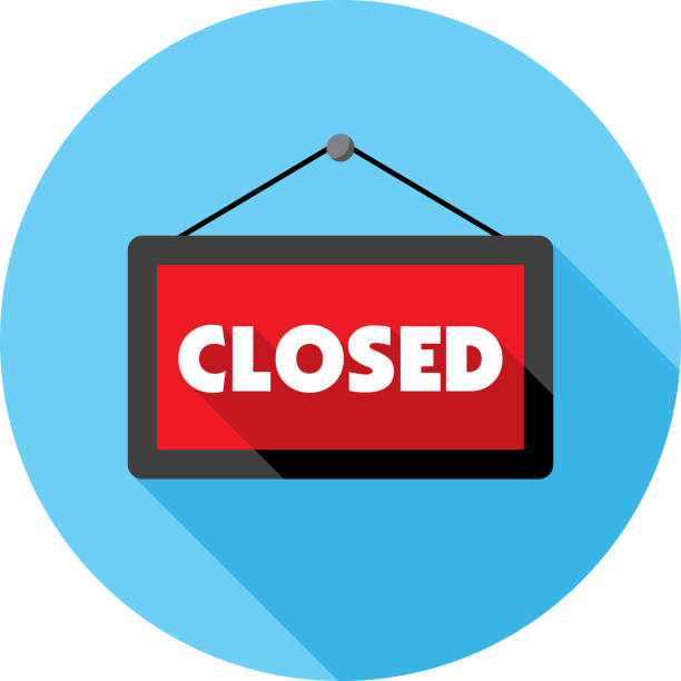 Closed Sign Icon Flat Vector illustration of a red closed sign against a blue background in flat style. closing down sale stock illustrations