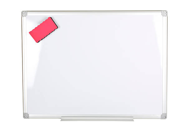 Horizontal Magnet Whiteboard over White Background with a Magnet Eraser Magnetized empty whiteboard isolated on white background. The board has its details on corners and at the bottom has a small shelf to place the pens. It is a clear image with a pure white. On the up side left corner there is a magnetic red earser. board eraser stock pictures, royalty-free photos & images