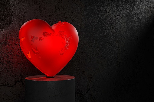 Heart is incomplete light emitting on old and dirty wall background. love idea concept, 3D Render.