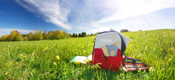 istock Colourful children schoolbag outdoors on the field 1189482303