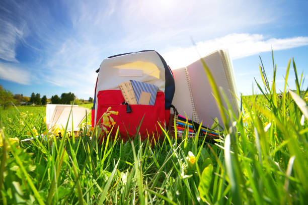 istock Colourful children schoolbag outdoors on the field 1189482831