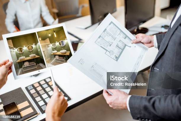Closeup On Blueprints With An Architectural Project In The Office Stock Photo - Download Image Now