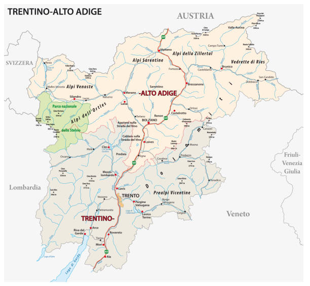 mapa drogowa włoskiego regionu trentino-alto adige - prowincja trydent stock illustrations