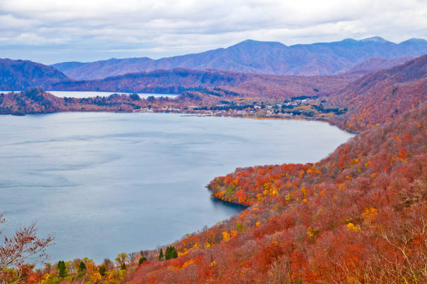 가을에 도와다 호수의 공중 전경, 아오모리현, 일본 도호쿠. - 토와다 뉴스 사진 이미지