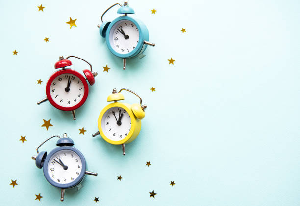 istock Flat lay Christmas composition with color clocks 1189496195