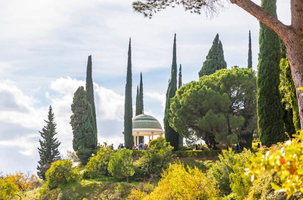 Botanical Garden (Jardin Botanico La Concepcion) in Malaga, Spain Malaga, Spain - Dec 10, 2017: Mirador, historic viewpoint and symbol of Botanical Garden (Jardin Botanico La Concepcion) in Malaga. One of the few gardens with subtropical climate plants in Europe mirador stock pictures, royalty-free photos & images