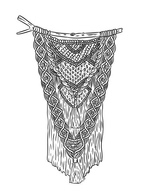 illustrations, cliparts, dessins animés et icônes de étiquette de style boho macrame. élément de conception de noeudtextile. simple mono linéaire moderne hangar mural indigène - knotwork