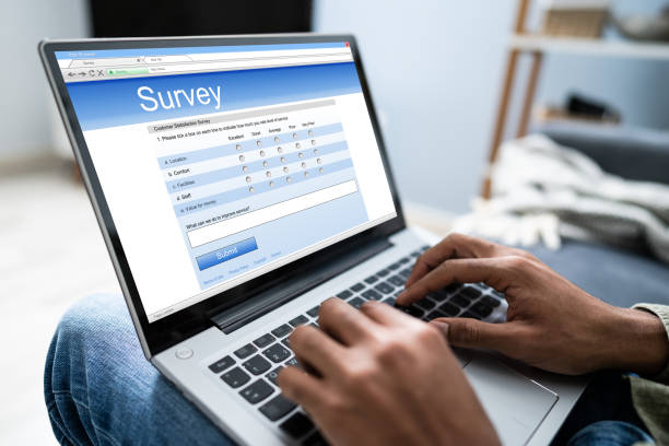 Man Filling Online Survey Form On Laptop Close-up Of Person On Sofa With Laptop Showing Survey Form surveyor photos stock pictures, royalty-free photos & images