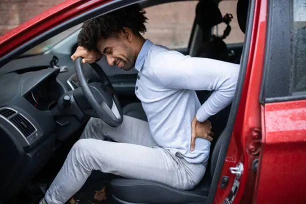 Driver Standing Having Backpain After Driving Car