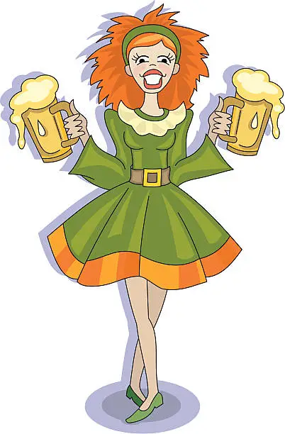 Vector illustration of Red-haired girl with glasses of beer