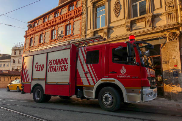 Firetruck in Tunnel Square in Istiklal Street, Beyoglu, Istanbul stock photo