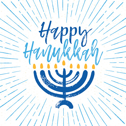 Happy Hanukkah greeting card with a hand-painted menorah and hand-written script over a sunburst background design