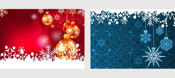 Vector illustration of Merry Christmas. Greeting cards with Christmas balls, toys on a red and blue background. Two templates for your design: New Year cards, flyers, invitations, posters, brochures, banners