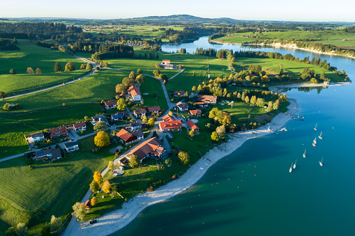 Village by Forggensee Lake, Bavaria, Germany, Aerial View