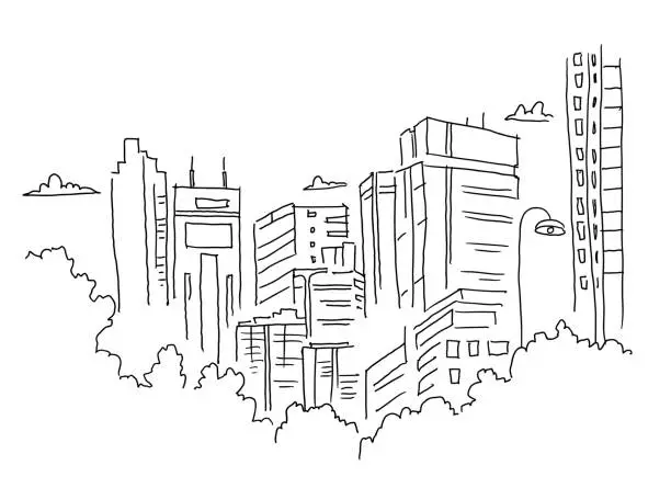 Vector illustration of City sketch. Building architecture landscape panorama. View from window. Ordinary city. Hand drawn black line.