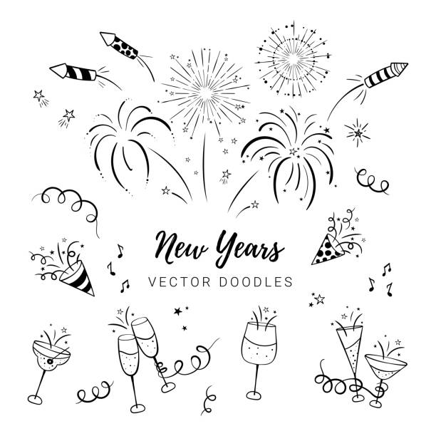 ilustrações de stock, clip art, desenhos animados e ícones de fun hand drawn new years party doodles - firework, paper streamers, cocktails and rockets , great for banners, wallpapers, textiles, wrapping - vector design - champagne coloured illustrations