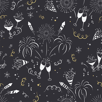 Fun hand drawn New Years Party seamless pattern - firework, paper streamers, cocktails and rockets doodles, great for banners, wallpapers, textiles, wrapping - vector design