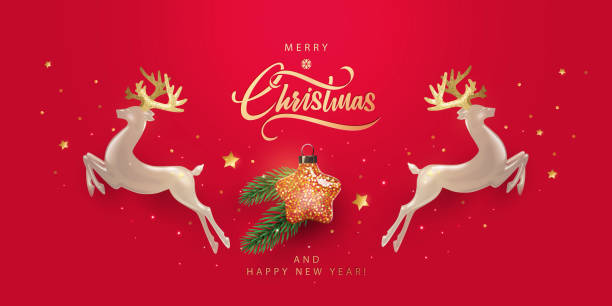 istock Christmas greeting card. Xmas background design in realistic style with star shaped christmas toy, deers, fir branch, glitter gold confetti. 1189516675