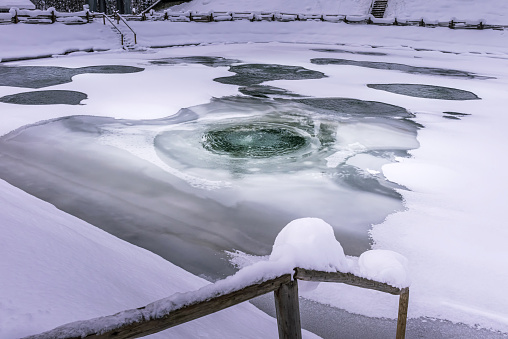 Aerated fish pond in winter. Ice covering the pond is melting, because of aeration process, so fish population is protected. Horizontal seasonal background with environmental protection concept.
