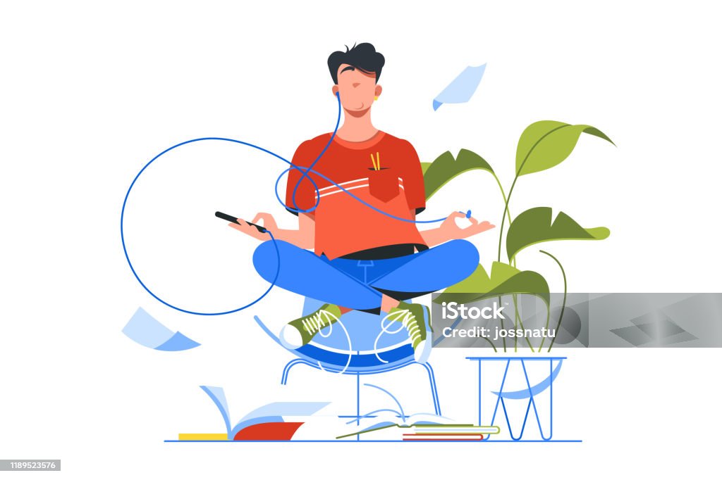 Junge stattliche Mann meditieren mit dem Smartphone für Yoga-Training. - Lizenzfrei Meditieren Vektorgrafik