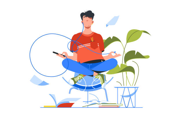 ilustraciones, imágenes clip art, dibujos animados e iconos de stock de joven guapo meditando usando el teléfono inteligente para el entrenamiento de yoga. - meditation